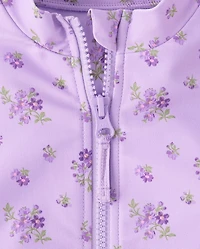 Girls Floral Half Zip Rashguard One Piece Swimsuit