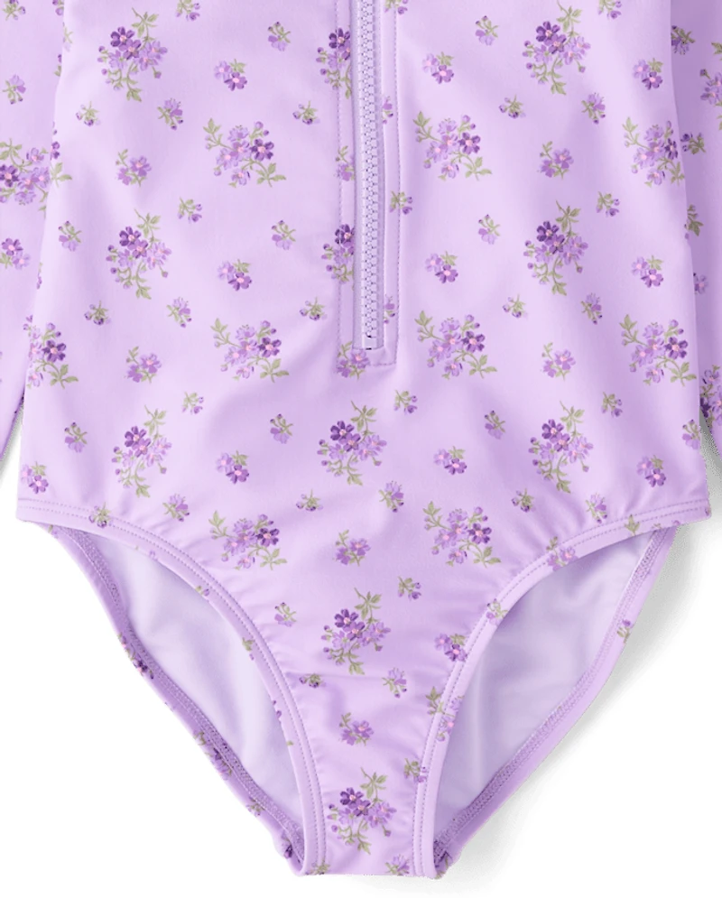 Girls Floral Half Zip Rashguard One Piece Swimsuit