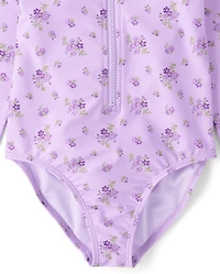 Girls Floral Half Zip Rashguard One Piece Swimsuit