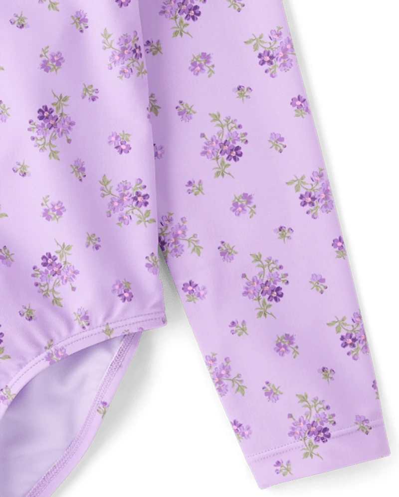 Girls Floral Half Zip Rashguard One Piece Swimsuit