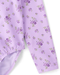 Girls Floral Half Zip Rashguard One Piece Swimsuit