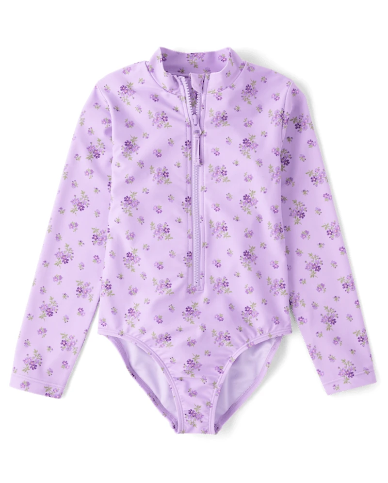 Girls Floral Half Zip Rashguard One Piece Swimsuit