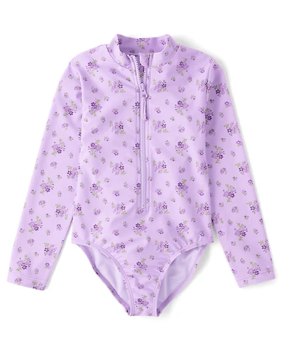 Girls Floral Half Zip Rashguard One Piece Swimsuit