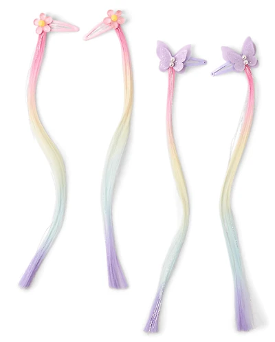 Girls Butterfly Rainbow Faux Hair Extension Hair Clip 4-Pack