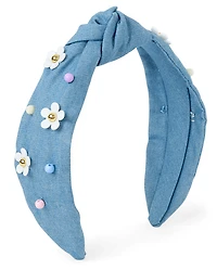 Girls Studded Floral Chambray Top Knot Headband