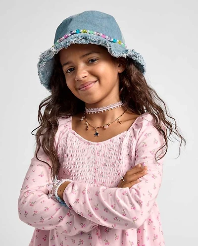 Girls Beaded Denim Bucket Hat