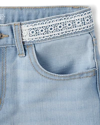 Girls Embroidered Floral Relaxed Denim Midi Shorts