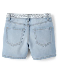 Girls Embroidered Floral Relaxed Denim Midi Shorts