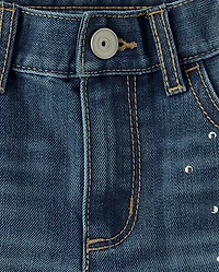 Girls Rhinestone Studded Midi Jean Shorts