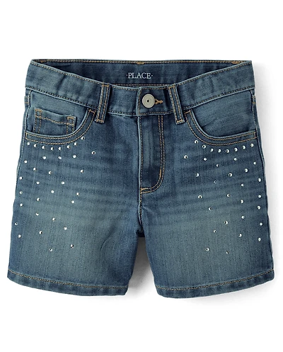 Girls Rhinestone Studded Midi Jean Shorts