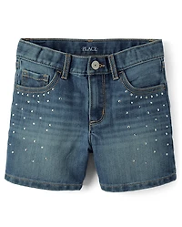 Girls Rhinestone Studded Midi Jean Shorts