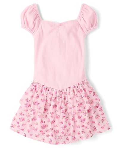 Girls Floral Tiered V-Waist Dress
