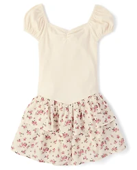 Girls Floral Tiered V-Waist Dress