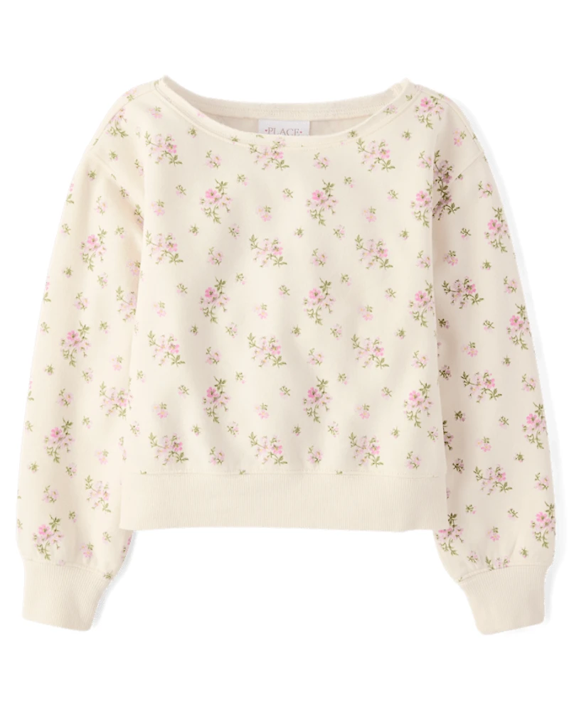 Girls Floral Off Shoulder Fleece Sweatshirt