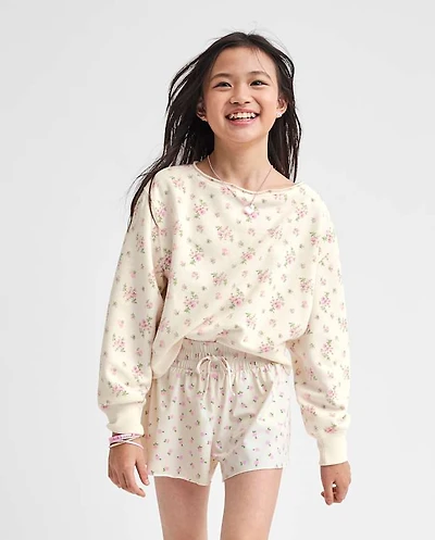 Girls Floral Off Shoulder Fleece Sweatshirt