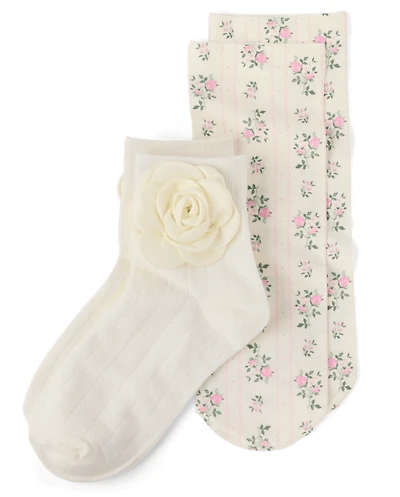 Lot de 2 paires chaussettes mi-longues à fleurs 3D pour filles