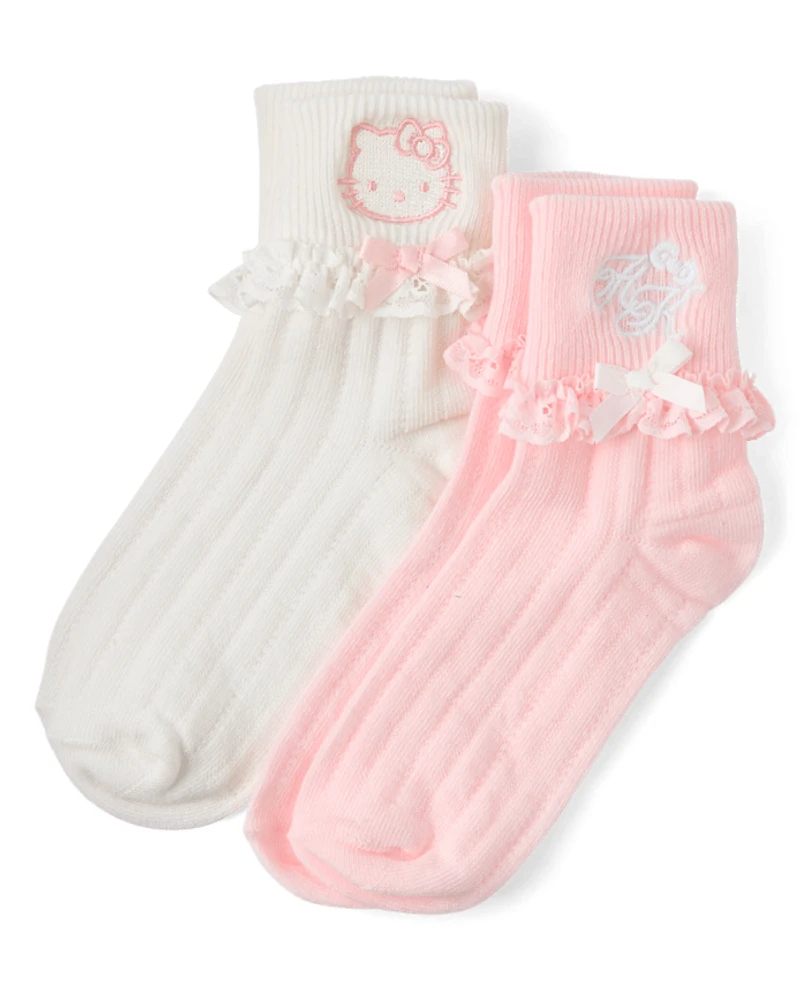Girls Hello Kitty® Embroidered Ruffle Pointelle Turn Cuff Socks 2-Pack