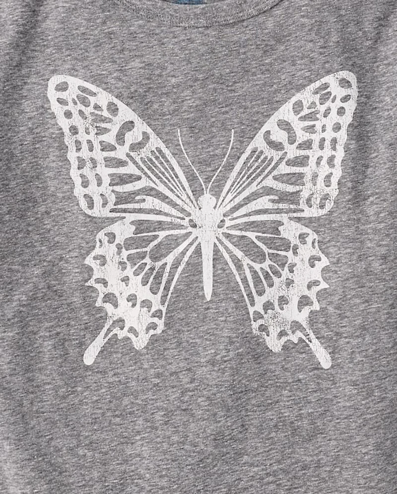 Girls Marled Butterfly Oversized Graphic Tee