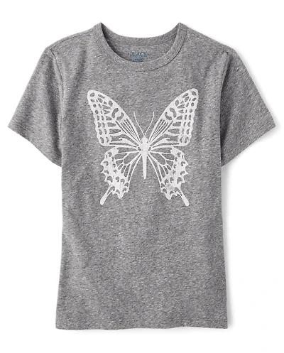 Girls Marled Butterfly Oversized Graphic Tee
