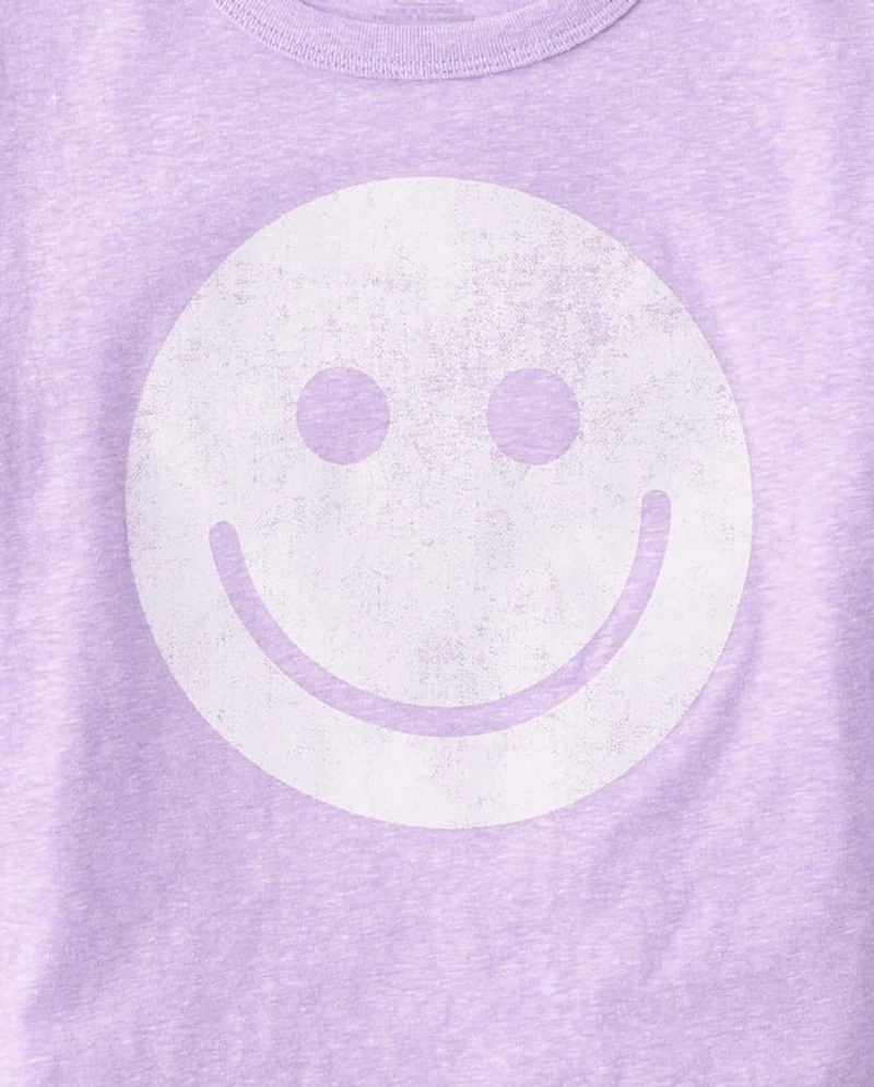 Girls Marled Happy Face Overprized Graphic Tee