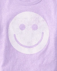 Girls Marled Happy Face Overprized Graphic Tee