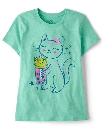 Girls Cat Drink Graphic Tee