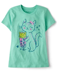 Girls Cat Drink Graphic Tee