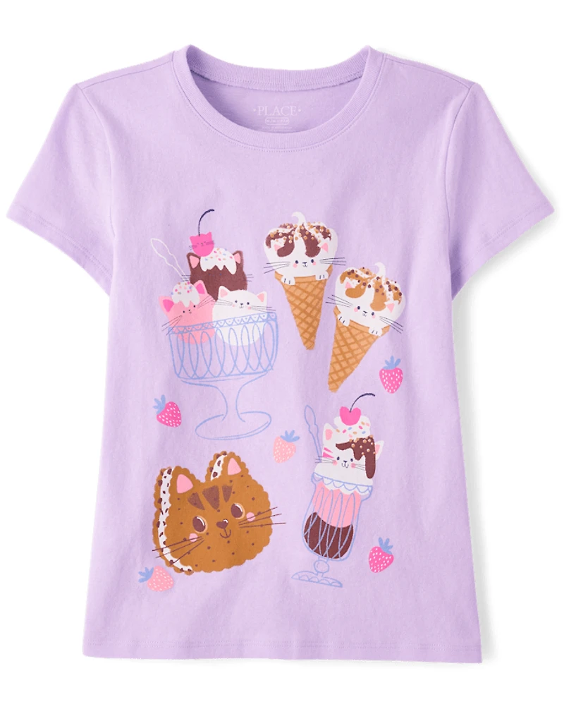 Girls Cat Ice Cream Graphic Tee