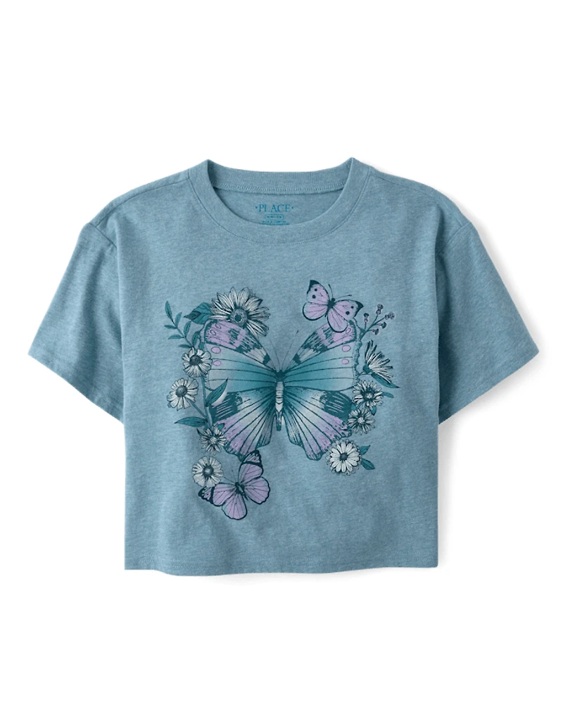 Girls Marled Butterfly Relaxed Cropped Graphic Tee