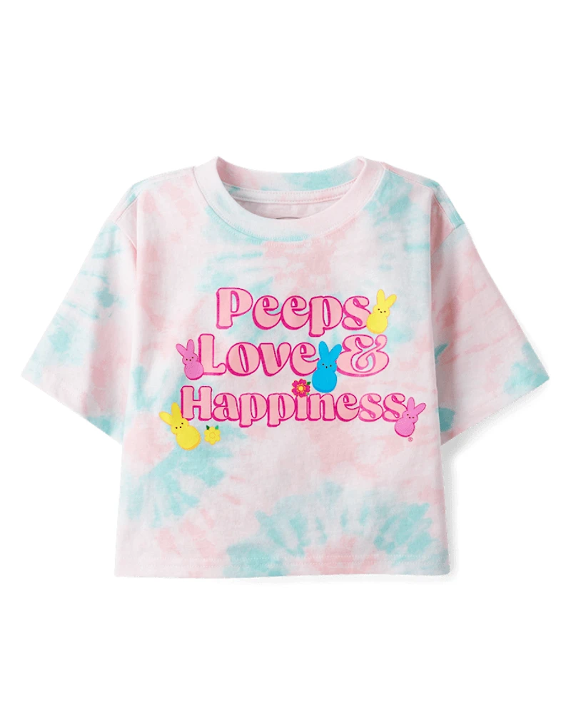 Girls Peeps® Easter Tie Dye Love & Happiness Oversized Cropped Graphic Tee