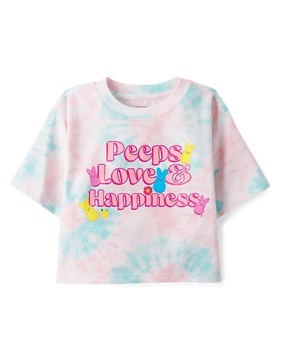 Girls Peeps® Easter Tie Dye Love & Happiness  Oversized Cropped Graphic Tee