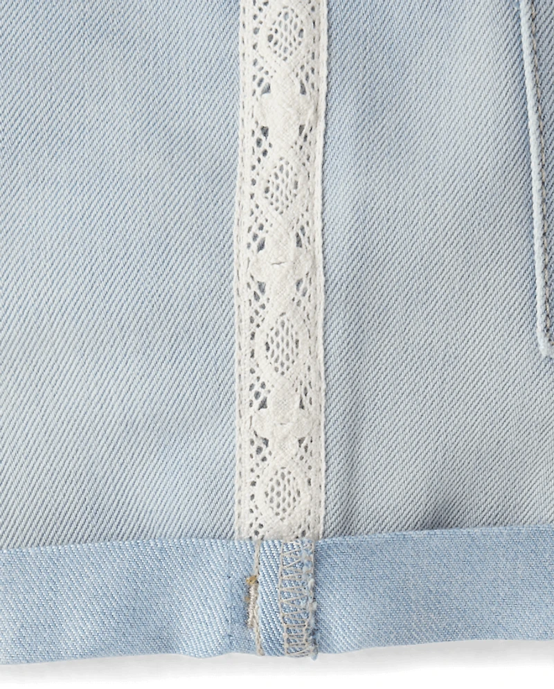 Girls Crochet Roll Cuff Shortie Jean Shorts