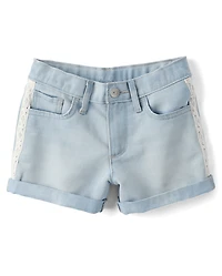 Girls Crochet Roll Cuff Shortie Jean Shorts