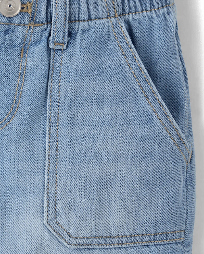 Girls Paperbag Waist Shortie Jean Shorts