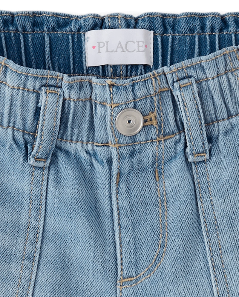 Girls Paperbag Waist Shortie Jean Shorts