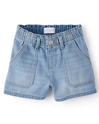 Girls Paperbag Waist Shortie Jean Shorts
