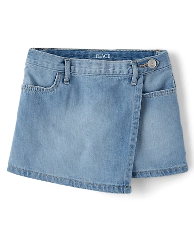 Girls Faux Wrap Denim Skort