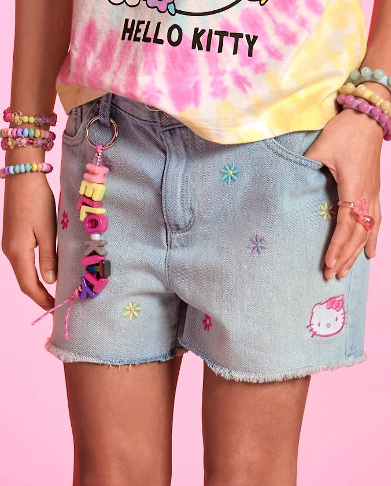 Girls Hello Kitty® Embroidered Floral Shortie Jean Shorts