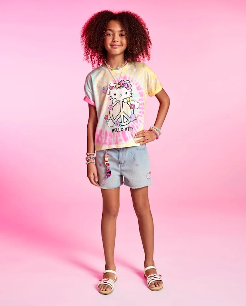 Girls Hello Kitty® Embroidered Floral Shortie Jean Shorts