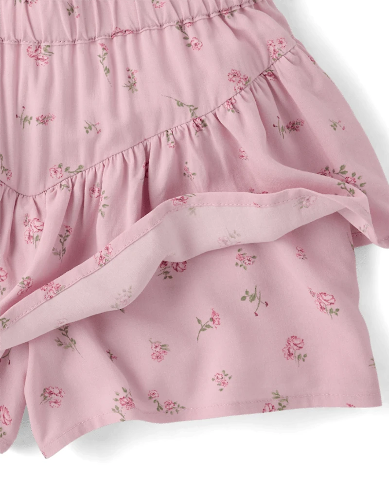Jupe-short fluide à volants fleurie pour filles