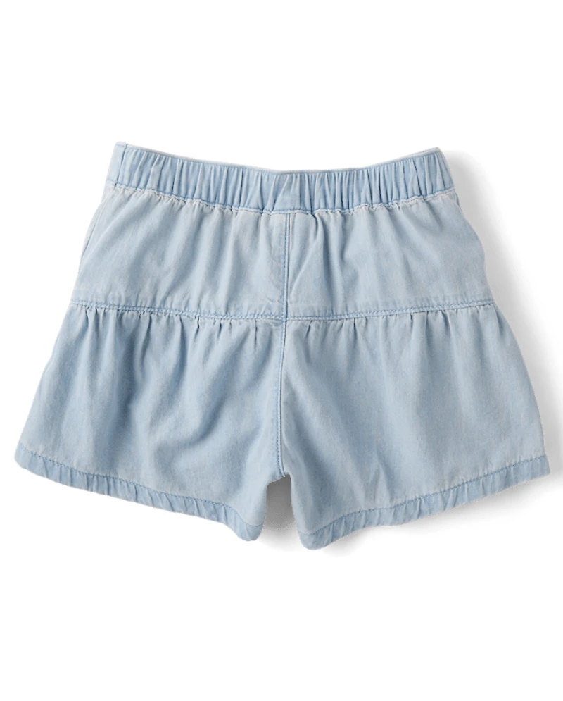 Girls Tiered Chambray Shortie Jean Shorts