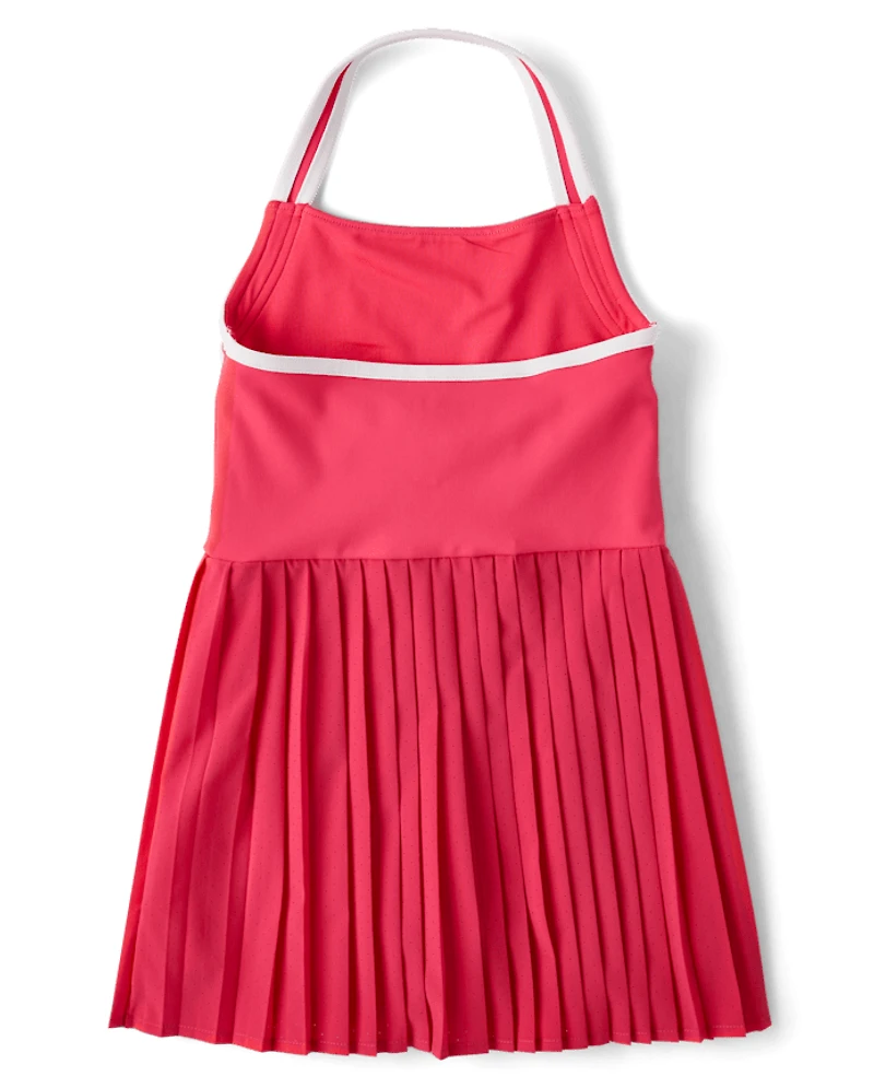 Girls Quick Dry Contrast Halter Pleated Tennis Dress