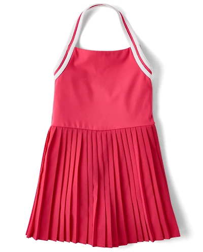 Girls Quick Dry Contrast Halter Pleated Tennis Dress