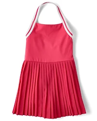 Girls Quick Dry Contrast Halter Pleated Tennis Dress