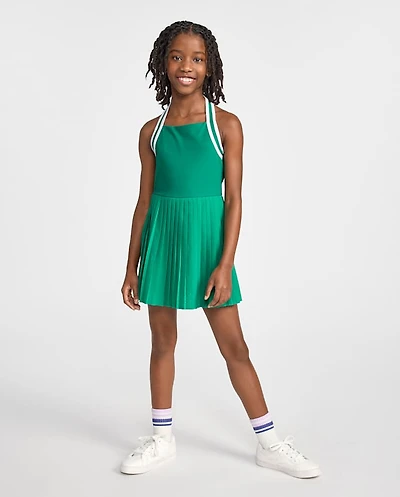 Girls Quick Dry Contrast Halter Pleated Tennis Dress