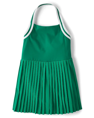 Girls Quick Dry Contrast Halter Pleated Tennis Dress