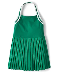 Girls Quick Dry Contrast Halter Pleated Tennis Dress