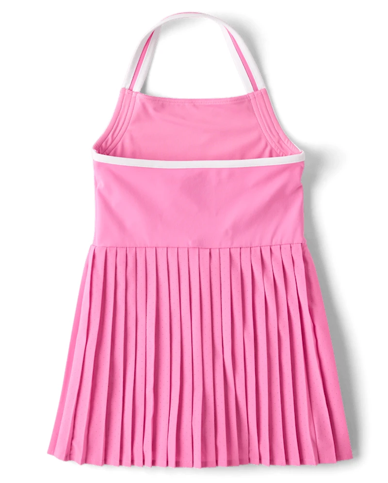 Girls Quick Dry Contrast Halter Pleated Tennis Dress