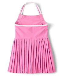 Girls Quick Dry Contrast Halter Pleated Tennis Dress
