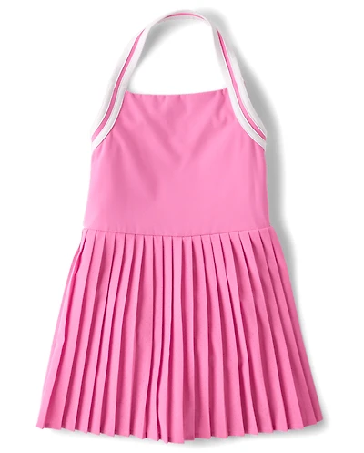 Girls Quick Dry Contrast Halter Pleated Tennis Dress